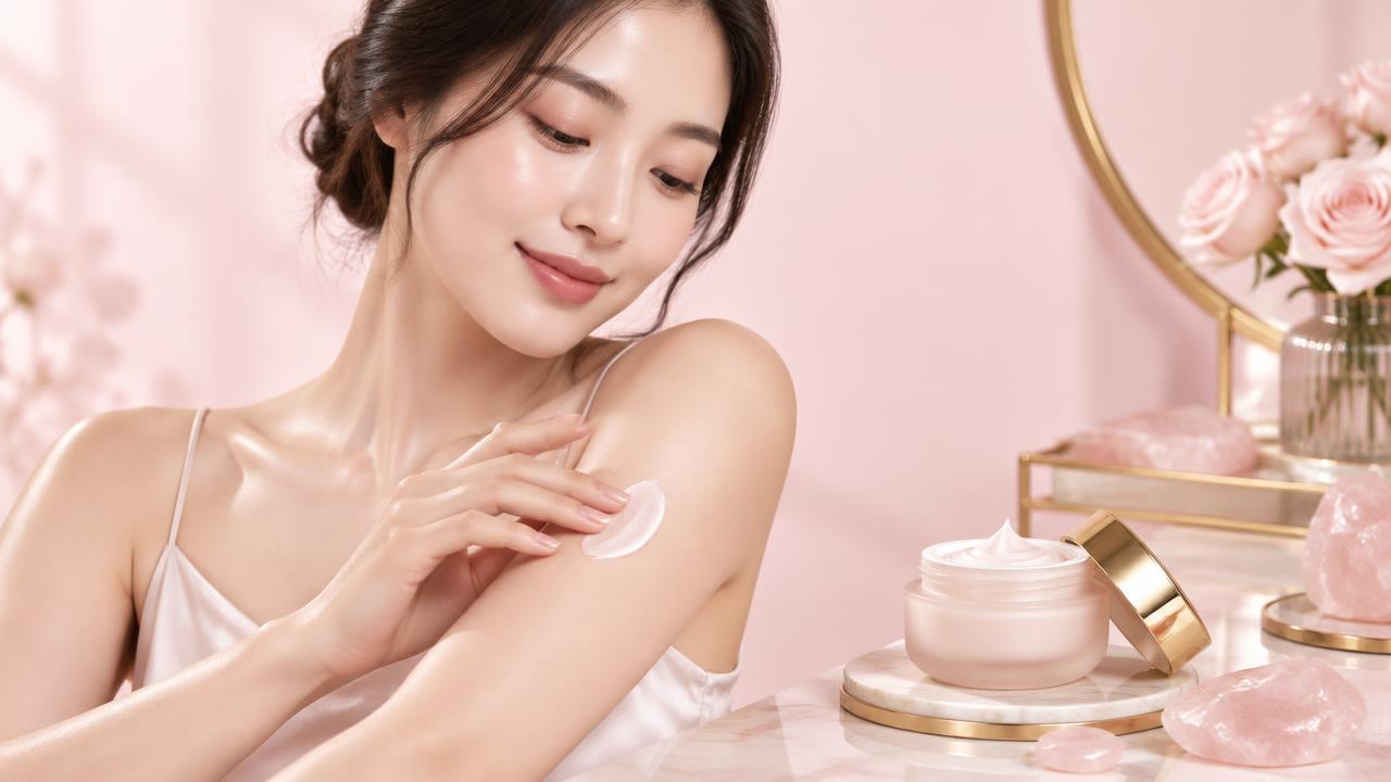 Mulher aplicando Radiance Cream com confiança
